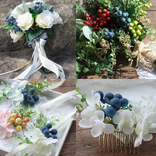 Miniatura 6 de Bayas artificiales, 4 piezas de arándanos artificiales con tallos de Navidad, frutas realistas, arándanos falsos, flores de simulación para el día