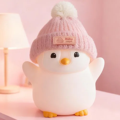 Miniatura 8 de FAMIDUO Luz nocturna de pingüino, bonita lámpara de pingüino rosa con sombrero de punto, luz nocturna de silicona suave para bebé, recargable
