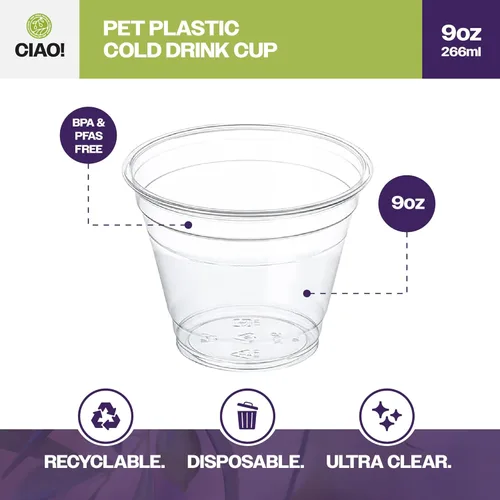 Miniatura 2 de CIAO! Taza de Plástico PET de 9OZ para Bebidas Frías, Ideal para Batidos, Café Helado y Bebidas Frías, 92mm (Caja de 1,000)