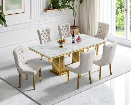 Miniatura 32 de Henf Juego de mesa de comedor de mármol sintético de 68 pulgadas para 6, juego de mesa de comedor de 7 piezas con 6 sillas copetudas de terciopelo