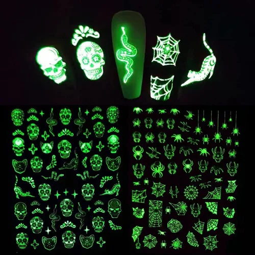 Miniatura 6 de Calcomanías de uñas de Halloween, que brillan en la oscuridad, calcomanías de uñas luminosas 3D, autoadhesivas, calabaza, calavera, murciélago
