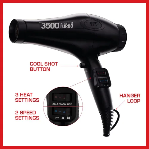 Miniatura 3 de Red Pro Secador de pelo de 3500 W Turbo Titanium con peine desenredante, cabello liso de secado rápido, multiajuste, botón de disparo frío, secadora