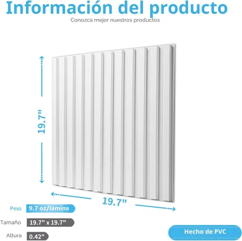 Miniatura 3 de Art3d Panel de pared de listones 3D, panel texturizado acanalado de 12 azulejos 19.7 x 19.7 pulgadas - Blanco Cuadrado - Blanco