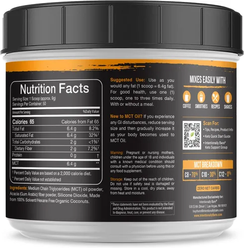 Miniatura 2 de Intentionally Bare Aceite orgánico MCT en polvo - 70% C8 y 30% C10 - Crema de café MCT con fibra prebiótica - Polvo de aceite de coco para energía