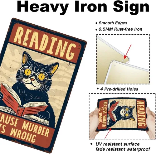 Miniatura 3 de 1 letrero de metal vintage de 8 x 12 pulgadas con diseño de gato retro con texto en inglés "Reading Because Murder is Wrong", póster