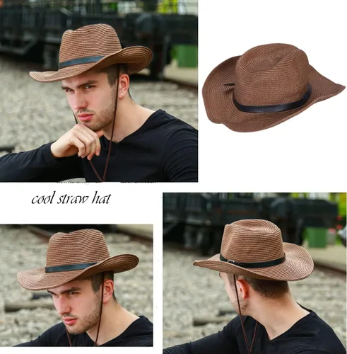 Miniatura 3 de Sombrero de vaquero de paja para hombres y mujeres, sombrero de sol de ala ancha, sombrero de vaquera Panamá con correa para la barbilla, sombrero