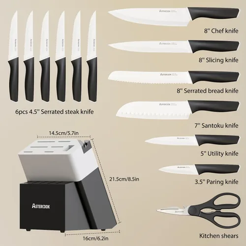 Miniatura 4 de Astercook Juego de cuchillos, cuchillos de cocina con bloque y afilador, revestimiento de cerámica, 15 unidades, cuchillos alemanes de acero Un