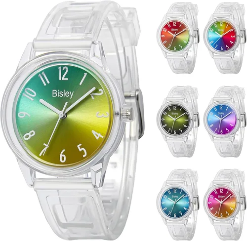Miniatura 7 de Reloj transparente para mujer, colorido esfera de arco iris, reloj analógico, simple e impermeable para niñas