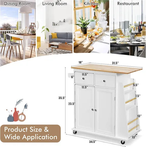 Miniatura 7 de COSTWAY Isla de cocina sobre ruedas, carrito utilitario con estante ajustable, 2 cajones, estante de especias de 3 niveles, toallero, gabinete de 2
