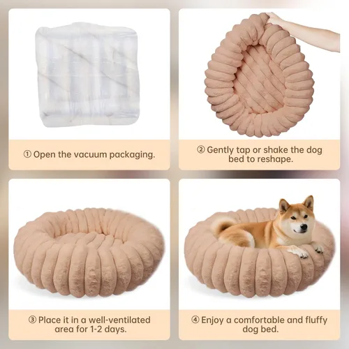 Miniatura 6 de Cama en forma de dona para perros y gatos, lujosa y cómoda cama de pelo sintético de conejo para mascotas, cama redonda antiansiedad calmante
