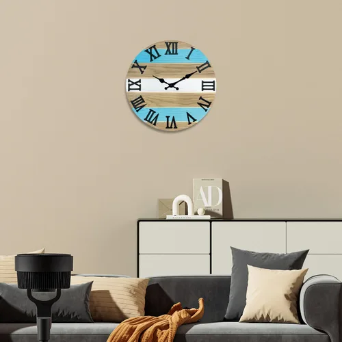 Miniatura 2 de Reloj de pared de madera maciza azul para sala de estar, estilo granja, reloj de pared redondo de 12 pulgadas, funciona con pilas, silencioso