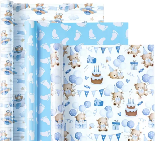 Miniatura 2 de WRAPAHOLIC Papel de regalo de oso para baby shower, mini rollo, 3 rollos, 17 x 120 pulgadas, diseño de oso de aventura en avión y fiesta para baby
