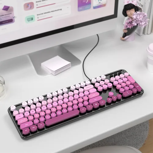 Miniatura 4 de MOFII Teclado con cable, teclado retro de tamaño completo, llave redonda, USB con cable Plug and Play, para laptop, PC, escritorio, ventanas
