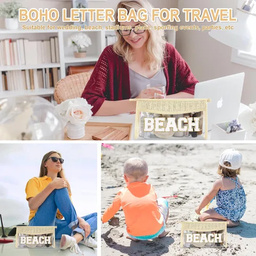 Miniatura 6 de Iqimott 2 bolsas de maquillaje con parches transparentes, bolsa de letras boho para nadar en la playa, bolsas de maquillaje impermeables