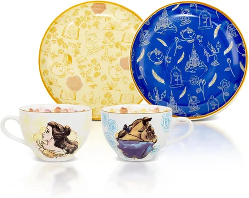 Juego de 2 tazas de té y platillo de porcelana china de Disney Beauty and the Beast | Fiesta de té con café, expreso, moca