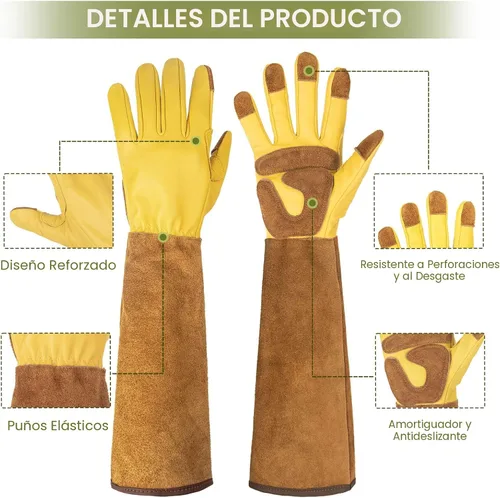 Miniatura 6 de Guantes largos de jardinería para mujeres, a prueba de espinas, guantes de cuero de vaquilla para poda de rosas, para cactus, rosas y moras