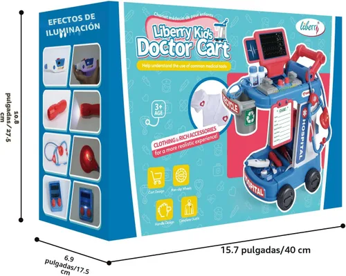 Miniatura 8 de Liberry - Kit de médico para niños pequeños de 3, 4 y 5 años, juego de médico con carrito, disfraz y estetoscopio, juego de rol, juguetes médicos
