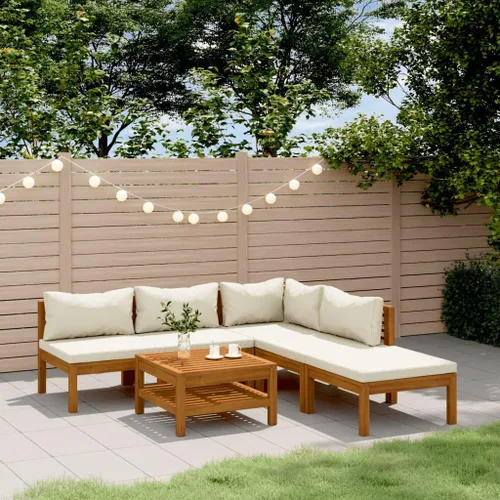 6 Piece Outdoor Patio Furniture Set, Modular Acacia Wood Garden Lounge Set with Weather Resistant Cushions, Cream Brown Modern Seating for Balcony,