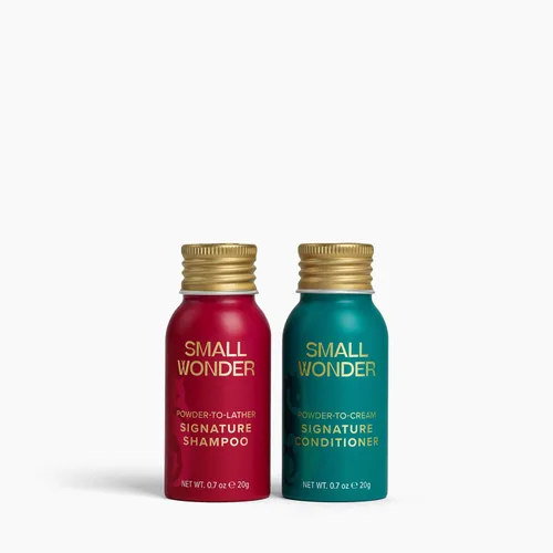 SMALL WONDER® Signature Champú y acondicionador Minis Travel Set de 0.7 onzas (hasta 20 usos), sin sulfato, sin parabenos, seguro para el color,
