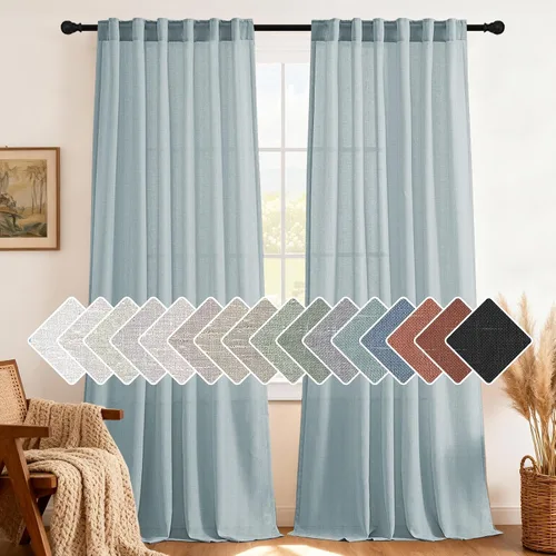 Miniatura 28 de H.VERSAILTEX Cortinas de lino natural de 63 pulgadas de largo para sala de estar, 2 paneles con trabillas traseras y bolsillo, texturizadas