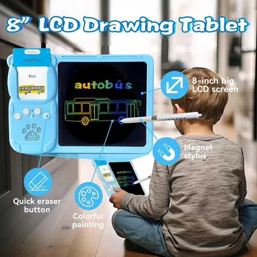 Miniatura 3 de Tarjetas flash hablantes en inglés y español, tableta de escritura LCD de 8 pulgadas para niños de 3 a 12 años, 510 palabras visuales bilingües