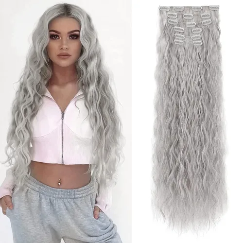 Miniatura 19 de Flufymooz - Extensiones de cabello con clip, 6 unidades, extensiones de cabello largas con ondas de sirena, sintético, postizo para mujer, 24 Marrón