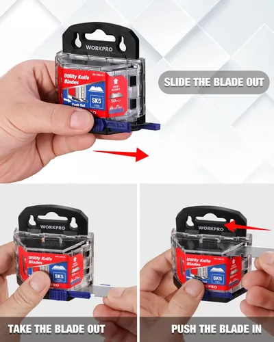 Miniatura 3 de WORKPRO - Juego de 50 cuchillas para cuchillo utilitario con dispensador, cortador de caja de acero SK5, cuchillas estándar para reemplazo