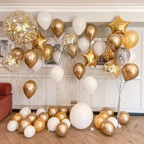 Miniatura 5 de Globos de látex con confeti blanco y dorado, paquete de 50 globos de fiesta dorados y blancos de 12 pulgadas con cintas para cumpleaños, graduación