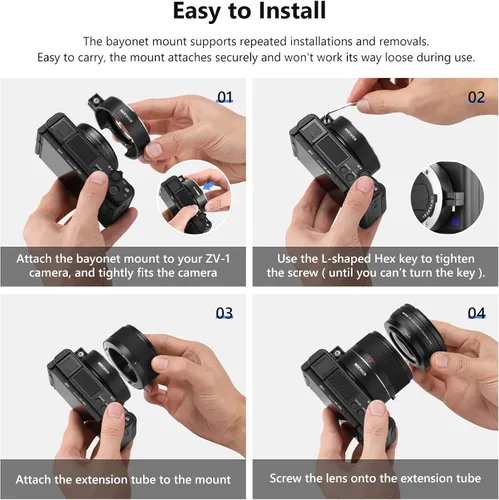 Miniatura 6 de NEEWER Lente gran angular compatible con cámara Sony ZV1, 2 en 1 HD gran angular de 0.709 in y lente adicional macro 10x con tubo de extensión, Negro