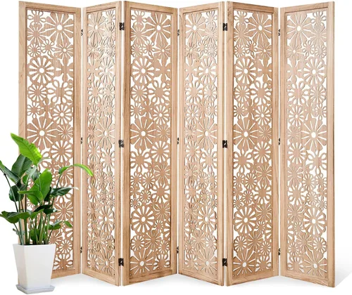 Miniatura 10 de Panel divisor de madera plegable, pantalla de privacidad tallada en margaritas de 67 pulgadas de alto, no requiere montaje, partición decorativa