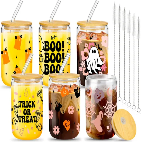 Miniatura 7 de meekoo 6 tazas de vidrio de Halloween de 16 onzas, tazas de café helado, calabazas, murciélagos, fantasmas, vasos de cerveza con tapas y pajitas