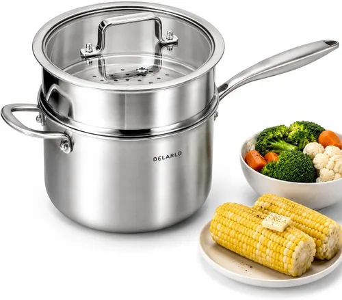 Miniatura 8 de DELARLO Cacerola de Acero Inoxidable Tri-Capa para Todo el Cuerpo de 3 Cuartos con Tapa, Apta para Horno 600℉, Sartén Saucier Resistente de 3
