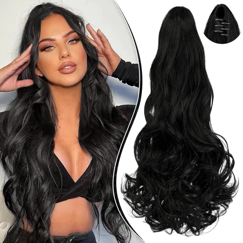 Miniatura 12 de Extensión de cola de caballo de 18 pulgadas, rizado, ondulado, con clip, extensiones de cabello largo sintético para mujer, color marrón claro