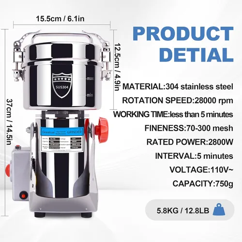 Miniatura 3 de Molinillo eléctrico de grano de 26.46 oz, molino de harina de acero inoxidable 304, molinillo de especias de alta velocidad de 2800 W, molino