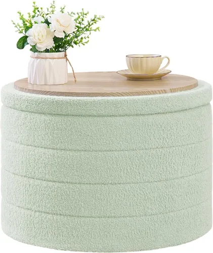 Miniatura 21 de B FSOBEIIALEO Otomana con Almacenamiento, Taburete Otomano de Almacenamiento Redondo Sherpa, Reposapiés Boucle 14.6"x14.6"x17.7" (Beige)