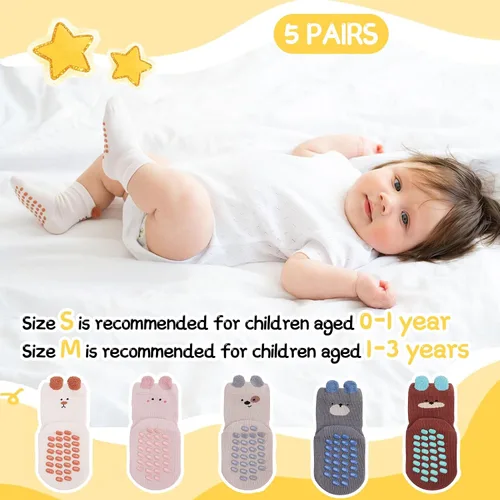 Miniatura 4 de Jspupifip Toddler Non-Slip Socks with Grips 5 Pairs Cotton Cute Baby Cartoon Floor Crew Socks Indoor Soft Cotton Ankle Sock