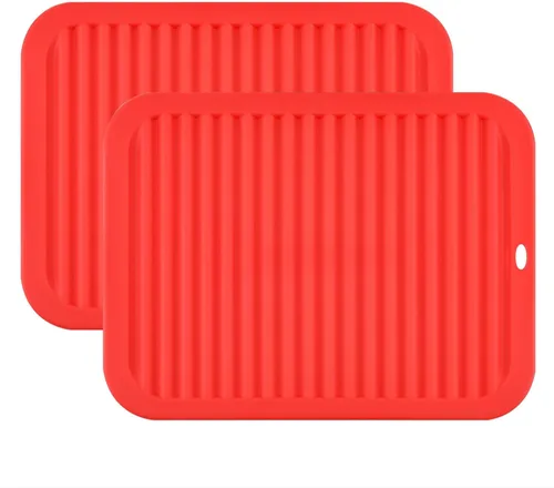 Miniatura 10 de Juego de 2 salvamanteles de silicona de 9 x 12 pulgadas, multiuso, antideslizantes, flexibles, duraderos, resistentes al calor, color rojo, verde