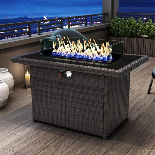 Miniatura 9 de Mesa para fogón de gas propano de 44 pulgadas para patio exterior, fogón rectangular al aire libre de mimbre de ratán de 60000 BTU con protector