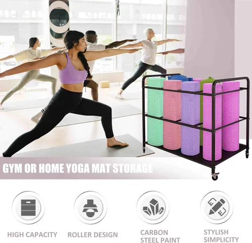 Miniatura 4 de Estante de almacenamiento para esterilla de yoga, equipo de entrenamiento, gimnasio en casa, estante de almacenamiento con ruedas, soporte para Negro