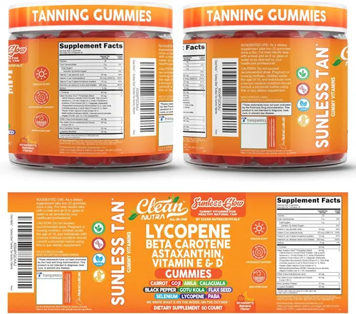 Miniatura 9 de Gomas bronceadoras de licopeno y betacaroteno sin sol, con astaxantina, vitamina C, D, E, semilla de lino, selenio, amla, tirosina, PABA, pimienta