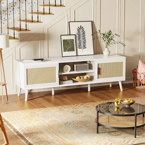Miniatura 5 de SUPERJARE Soporte de TV para TV de 65 pulgadas, centro de entretenimiento con estante ajustable, consola de TV de ratán con 2 gabinetes, consola