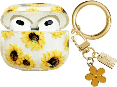 Miniatura 8 de Funda compatible con AirPods 3 2021, TPU suave con bonito patrón de flores para AirPods de 3ª generación con llavero de flores y mosquetón para Negro
