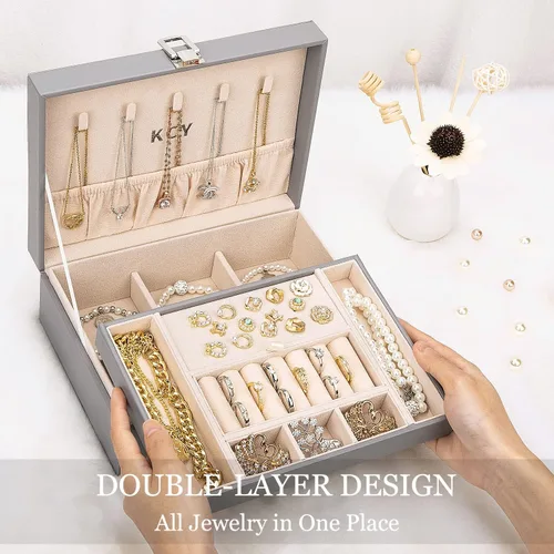 Miniatura 2 de KCY Organizador de joyas para mujeres y niñas estuche grande de cuero sintético con soporte de exhibición de 2 capas y bandeja extraíble para aretes