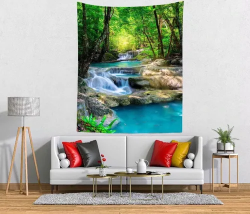 Miniatura 2 de BELECO Tapiz de bosque verde, hermoso tapiz de cascada de selva tropical, bosque de primavera, paisaje natural, fondo de fotos, tapices de pared