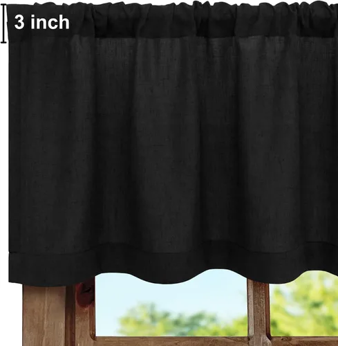 Miniatura 2 de Pitalk - Cenefa de ventana de lino negro para cocina, bolsillo para barra de 3 pulgadas, semitransparente, estilo bohemio moderno de granja, cenefa