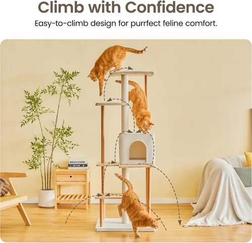 Miniatura 9 de MWPO Árbol moderno para gatos, torre de madera de lujo para gatos de interior, perchas grandes con cojines suaves, condominio para gatos grandes