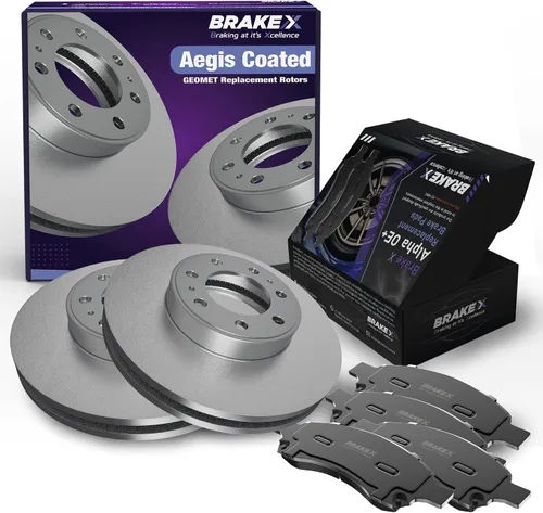 Kit de pastillas y rotores de freno trasero Brake X de reemplazo para 2018 Jeep Wrangler JK | Rotores recubiertos AEGIS GEOMET y pastillas de freno