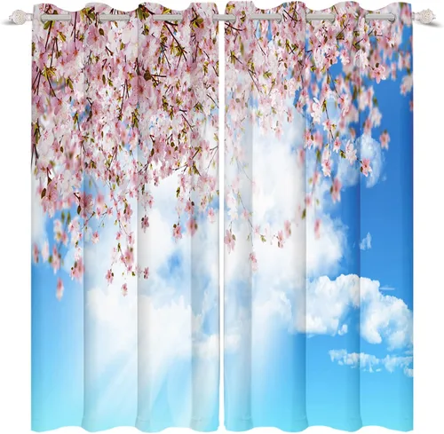 Miniatura 12 de Renaiss Cortinas de ventana con diseño de cerezo Fuji, tratamiento de ventana de cielo azul, flores rosas, cortinas opacas de privacidad para hombre
