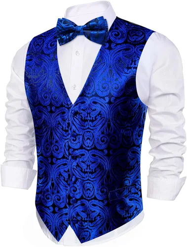 Miniatura 68 de Barry.Wang Conjunto de chaleco de pajarita para hombre, chaleco con cuello en V de seda jacquard de cachemira, gemelos de pañuelo formal/ocio, boda