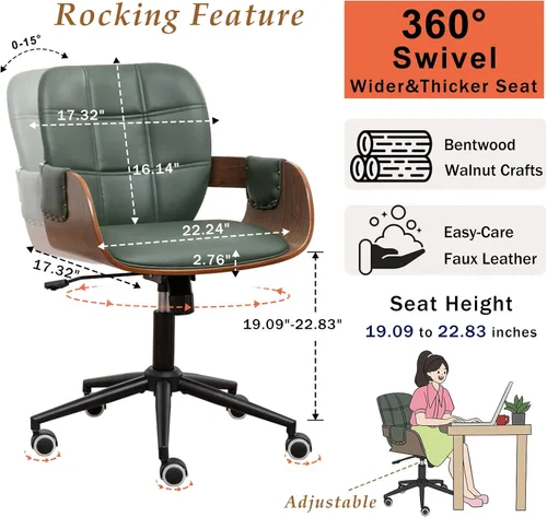 Miniatura 2 de Silla de escritorio para oficina en casa con ruedas giratorias, artesanía de nogal, respaldo y brazos curvos ergonómicos, piel sintética, altura